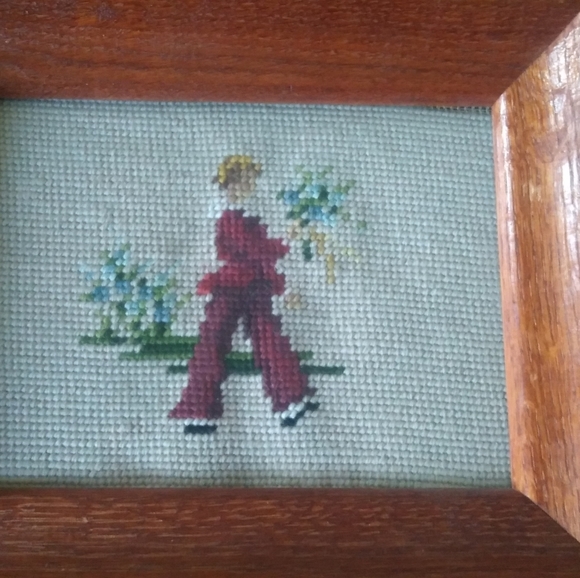 3 Antique Needlework Portraits with Wood Frame.